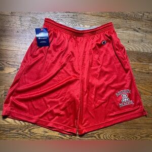 Champion Classic Men's Red Mesh BBallShorts with leg graphic and side pockets.